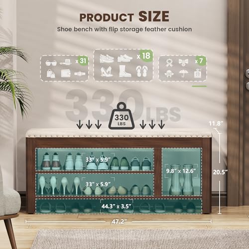 Shoe Bench for Entryway, Solid Rubberwood Shoe Bench with Hidden Storage, Adjustable 2-Tier Shelves & Soft PU Leather Seat, Shoe Rack Durable Easy Assembly for Hallway or Bedroom - Beige, 47.2" - color: Beige, size: 47.28"W x 11.82"D x 20.47"H