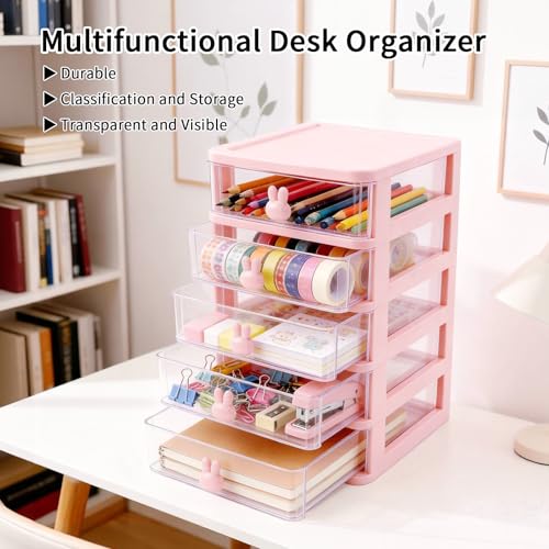 Desk Organizer with Drawer, Stackable Makeup Organizer White, Small Plastic Storage Box for Desktop, Bathroom Counter or Dresser, School, Home, Office (Pink-3 Tier) - color: Pink-3 Tier