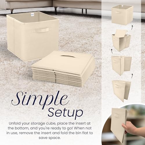 Reli. 11 Inch Cube Storage Bins (4 Pack) | Cube Organizer Bins | 11x11 Fabric Storage Boxes | Collapsible, Foldable Fabric Cubby Box (Square) | Kids Room Organization (Beige)