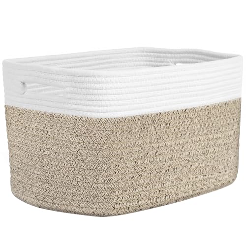 Storage Baskets for Organizing, 14 x 10 x 9” Closet Shelf Woven Baskets, Square Bins with Handles, Cotton Rope Basket for Toys, Clothes, Office, Room, White+Rice Brown 1 Pack - color: White+Rice Brown, size: 1pc