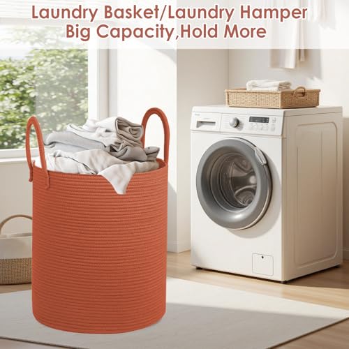 Cotton Rope Laundry Basket, Large Capacity Storage Bin with Handles, Blanket Basket for Living Room, Ribbed Texture, Brick Red, XX Large 100L - color: Brick Red, size: 100L