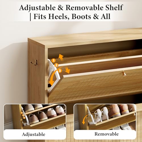 Nicetree Arch-Chic Shoe Cabinet for Entryway, Modern Mid-Century Shoe Storage Cabinet with Fluted, Narrow Shoe Rack with Adjustable Shelves & Tipping Protection, Fits Men's Size 13.5 Shoes - color: Natural Light Oak, style: 2 Flip Drawer - Fluted Arch