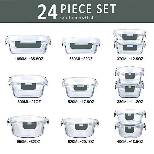 M MCIRCO 24-Piece Glass Food Storage Containers with Upgraded Snap Locking Lids,Glass Meal Prep Containers Set - Airtight Lunch Containers, Microwave, Oven, Freezer and Dishwasher - color: Gray