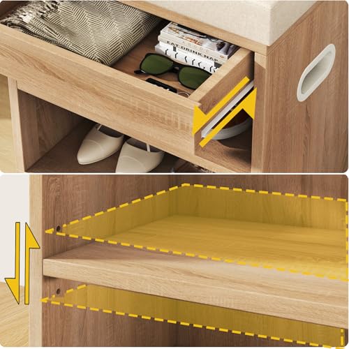 YMYNY Small Shoe Storage Bench with Cushion and Drawer, 2 Tier Adjustable Entryway Bench with Storage, Wooden Shoe Rack Bench for Entryway, Living Room, Hallway, Bedroom, Light Natural, HSC002R - color: Light Natural
