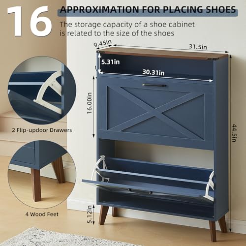 Joaxswe Shoe Cabinet Storage for Entryway with 2 Flip Drawers 2 Hook Open Storage Layer Rack Narrow Organizer Slim Hidden Wood Shoe Cabinet Furniture Dark Blue - color: Dark Blue