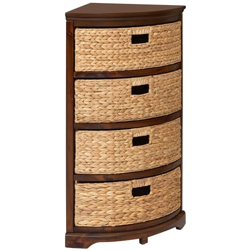 eHemco Hampton Meadows 4 Tier X-Side Corner Table Storage Cabinet with 4 Wicker Baskets, Walnut - color: Walnut, size: 14"D x 14"W x 32.2"H (4 Drawers)