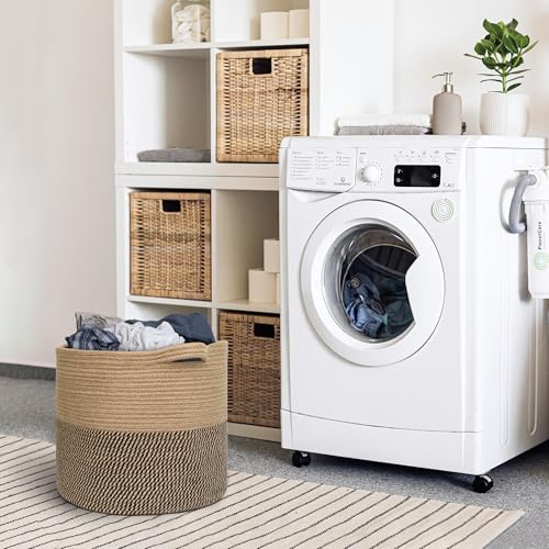 MEGASKET Large Wicker Storage Basket, 16" x 14" Woven Baskets for Storage, Blanket Storage for Living Room, Big Round Wicker Bin for Laundry, Pillows, Towels, Shoes, Dog Kids Toy Box, Home Decor - color: Black and Jute