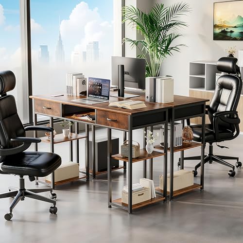 DUMOS 48" Small Computer Home Office Desk for Bedroom with Drawers, Gaming Writing Study Table with Storage Shelf, Adjustable Feet, Metal Frame Natural Brown - color: Brown, size: 48-In