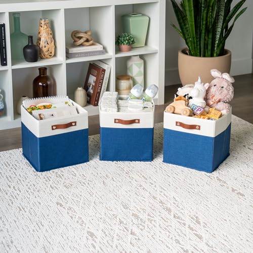 OrganiHaus 11" x 11" x 11" Fabric Cubes Storage Bins Set of 4, Foldable Collapsible Canvas Storage Bins for Organizer, Toy Organizer for Kallax, 11 Inch Linen Cube Shelf Baskets - Navy Blue - color: Navy Blue Base / Off-White, size: (11x11) Leather Handle