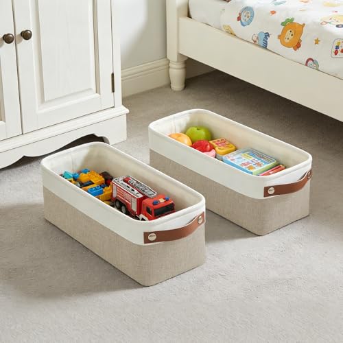 Bagnizer Small Fabric Storage Baskets, 15x6x5 inch Narrow Storage Bins 4-Pack Long Storage Basket for Organizing with Handles, Decorative Basket for Closets, Shelves, Toilet Paper, Beige - color: Beige / Off-White, size: Narrow-15"x6"x5"