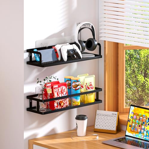 PUSDON 2-Pack 16.5" Extra Long Slim Shower Caddy, Adhesive Wall Mount Bathroom Organizer, Rustproof Open Frame Mesh Spice Rack for Kitchen, Holds 50LBS - Matte Black, Guardrail - color: Matte Black, size: Minimalist Open (16.5" Extra Long)
