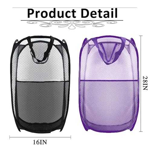 Collapsible Pop Up Laundry Hamper, Extra Large Mesh Foldable Laundry Basket Bag, 28" x 16" x 16", 2 Pack (Black + Purple) - color: 2P Black+Purple