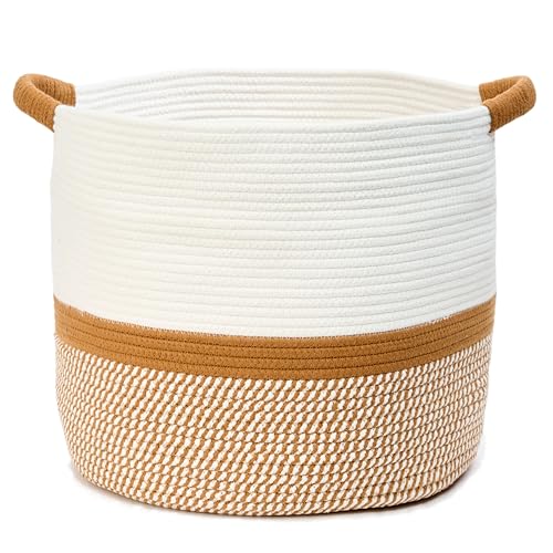 Blanket Basket - Woven Round Rope Storage Basket (16"Wx14"H) for Blankets & Throws, Small Laundry & Toy Organizer, Decorative Living Room & Bedroom Cotton Basket - White & Jute Mixed - color: White & Jute Mixed, size: Regular-16"Wx14"H