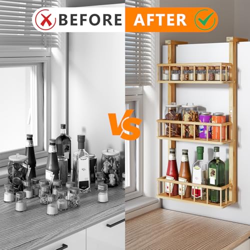 Hanging Spice Rack for Refrigerator - 3 Tier Bamboo Kitchen Counter Shelf Organizer for Can Seasoning Storage, Adhesive to Fridge & Pantry Side