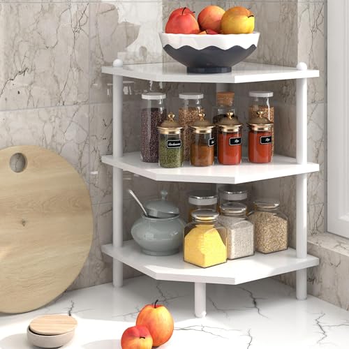 Desktop Corner Stand Shelf for Storage, 3 Tier Corner Shelf Organizer, White Shelves Rack for Small Spaces, Home Office, Kitchen, Bathroom - color: White