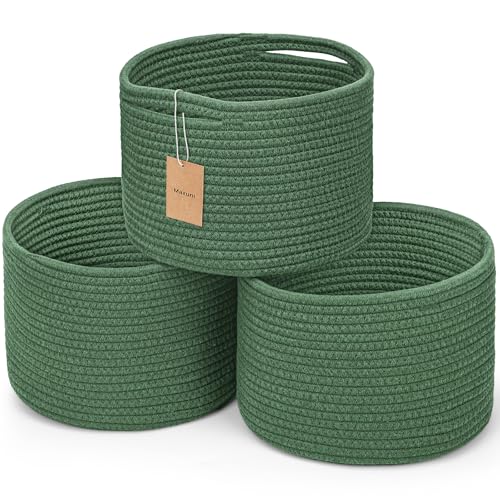 Small Rope Baskets for Storage, Baskets for Gifts Empty, Cute Round Woven Basket, Decorative Shelf Baskets 9.82×9.82×7.1", Cotton Toy Basket Storage Bins for Organizer 3 Packs Green - color: Green-3PCS