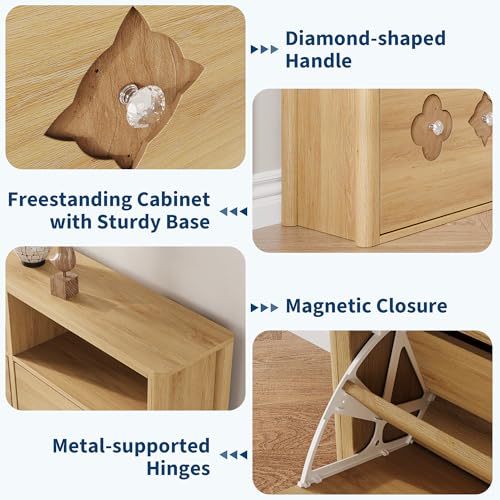 GarveeHome Shoe Cabinet with 4 Flip Drawers, Narrow Wood Shoe Organizer Cabinet with Floral Pattern, Freestanding Slim Shoe Rack Cabinet with Adjustable Shelves & Open Storage, for Entryway, Natural - color: Natural Wood Color, size: 4-Drawers