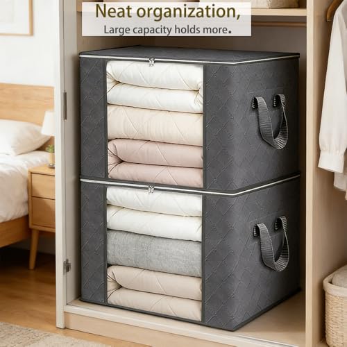 2 Pack Storage Bags, 100L Extra Large Clothes Storage Bins, Foldable Closet Organizers Containers for comforter Clothing Blanket Pillows Organization with Handle - size: 2 Pack-100L Storage Bags