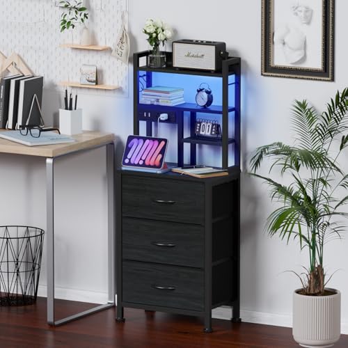 Furnulem Tall Night Stand with 3 Fabric Drawers and LED Lights, Nightstand with Bookshelf, 45.3inch Tall Bedside Tables with USB Ports in Bedroom, Dorm, Office,Metal Frame, Wood Shelves (Black Oak) - color: Black Oak, size: 3 Drawer