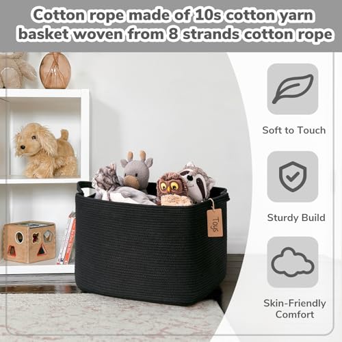 Goodpick Woven Storage Baskets for Organizing, 18" x 14" x 12" Rectangle Blanket Basket with Handles, Nursery Cotton Rope Basket for Living Room, Bedroom, Black - color: Black, size: 18"L x 14"W x 12"H