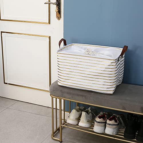Hinwo 31L Large Storage Bins, 2-Pack Closet Organizers and Storage, Foldable Clothes Storage Baskets with Handles, Containers for Clothing, Blanket, Towels, Toys, Bedding (Gold Stripe) - color: Gold Stripe, size: 16.5" / 31L / 2-Pack