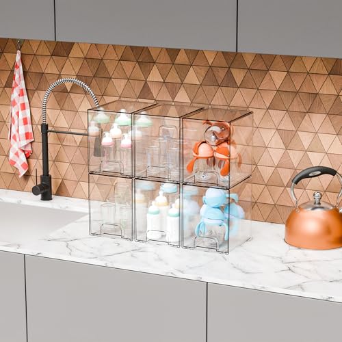 Yieach 7.6" H Baby Bottle Organizer for Cabinet,4 Pack BPA FREE Bottle Storage Organizer Baby,Clear Stackable Storage Drawers for Makeup,Skincare,Beauty Products Bathroom Closet Organizers and Storage - color: Clear-7.8 In Tall, size: 4 PCS