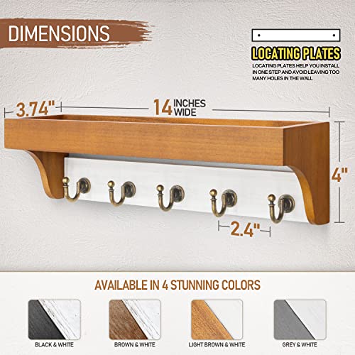 Rebee Vision Key and Mail Holder for Wall with Floating Shelf : 14 Inches Decorative Hanging Organizer with 5 Sturdy Keys Hooks and Wall Mount Key Rack - Farmhouse Entryway Decor (Light Brown & White) - color: Yellow&White