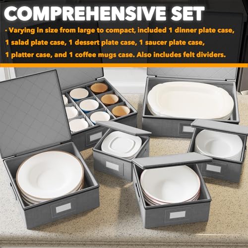 SpaceAid China Storage Containers 6 Pack, Stackable Hard Shell Quilted Cases with Soft Plate Separators, Moving Supplies Packing Boxes for Dishes, Plates, Platters, Mugs, Cups (Grey) - style: Plate Platter Mug Combo
