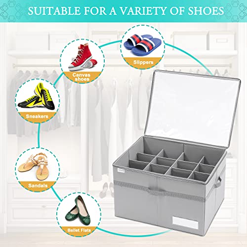 LUVHOMEE Shoe Organizer for Closet, Fits 16 Pairs, Large Shoe Box Storage Containers, Clear Foldable Shoe Storage Bins w/Bottom Support, Space Saving Shoes Holder w/Reinforced Handles, Gray - color: Grey, size: 21"L x 16½"W x 13"H
