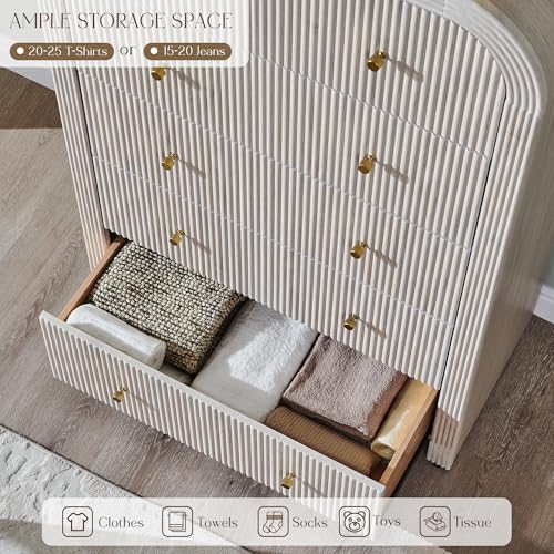 T4TREAM Fluted Dresser with 5 Drawers, 48" Tall Modern Chest of Drawers with Thickened Curved Profile Design, Wood Closet Clothes Storage Organizer for Bedroom, Living Room, Hallway, Alder White - color: Alder White, size: 15.7"D x 31.5"W x 47.6"H (5 Draw