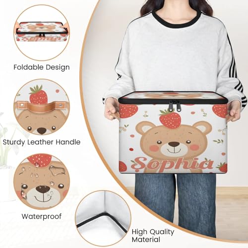 Custom Storage Basket with Name, Personalized Storage Bins with Zipper Lid, Foldable Fabric Storage Box Large capacity with Handle Bear Strawberry - color: Option 15