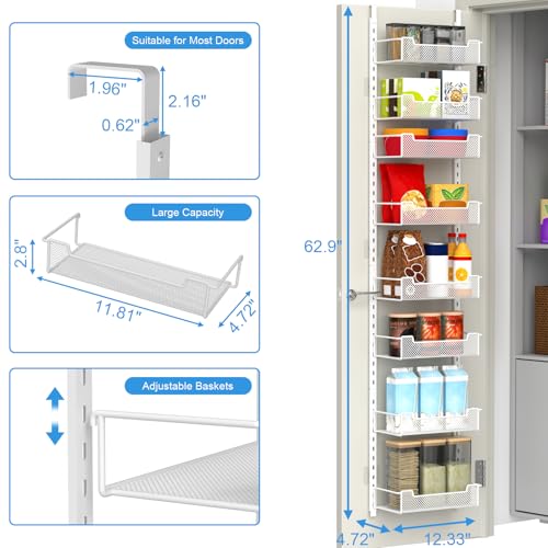 VyGrow 12.3" W Narrow Over the Door Pantry Organizer, 8-Tier Over the Door Organizer with Adjustable Basket, Pantry Door Organization for Pantry Kitchen Storage Room Spice Rack, White - color: White, size: 12.3"W 8-Tier