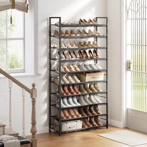 10 Tier Metal Shoe Rack, Tall Shoe Organizer Holds 40-50 Pairs, with Adjustable Flat or Angled Shelves, Shoe Storage Shelf for Closet, Entryway, Garage, Black - size: 10-Tier