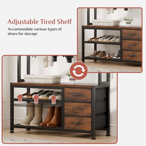 Lulive Hall Tree with Bench and Shoe Storage, 31.5" Coat Rack Freestanding with 2-Tier Storage Shelf, 6-in-1 Entryway Bench Coat Rack with 12 Hooks and 3 Drawers(Rustic Brown) - color: Rustic Brown