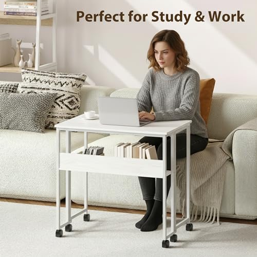 Folding Desk Small Rolling Desk with Storage Shelf,24.8 Inch Foldable Computer Table with Wheels,Portable Office Desk for Small Space Sofa Table,Easy to Fold,Writing Work Office Computer Desk,White - color: 24.8" White