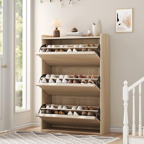 GarveeHome Shoe Cabinet with 3 Flip Drawers, Wooden Shoe Organizer Cabinet with Adjustable Shelf, Shoe Storage for Entryway, Hidden Shoe Cabinet for Hallway, Living Room, Natural Oak - color: Natural Oak, size: 3-Drawers