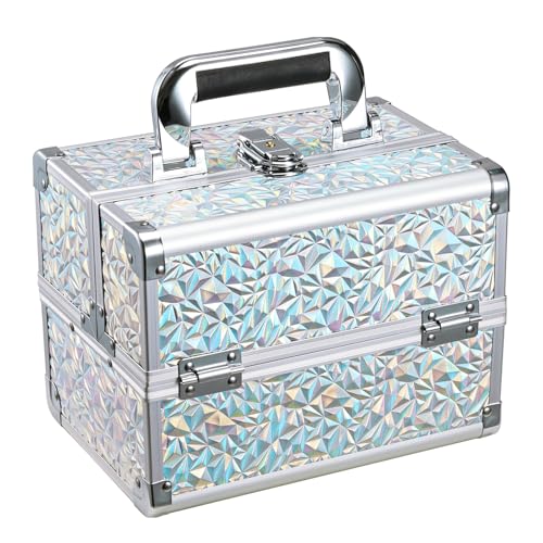 Joligrace Makeup Train Case Makeup Case Organizer Portable Cosmetic Box Storage with 2 Trays Mirror Locking with Keys Make Up Travel Case Nail Kits Traveling Makeup Box Shiny Silver - color: Shiny Silver