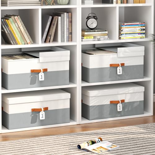 Homsorout Extra Large Storage Bins - 2 Pack Closet Storage Boxes with Double-Open Lid & Divider Board, Stackable Colthes Storage Organizer, Fabric Basket with Label Tag for Home, Laundry - color: white with grey, size: 2 Pack