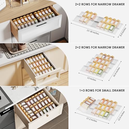 Jadehom Spice Drawer Organizer, 4 Tier Clear Acrylic Expandable From 13" to 26" Seasoning Jars Drawer Insert, Kitchen Drawer Spice Rack Tray for Cabinet/Countertop - size: 8 Pcs x 13 inch Width