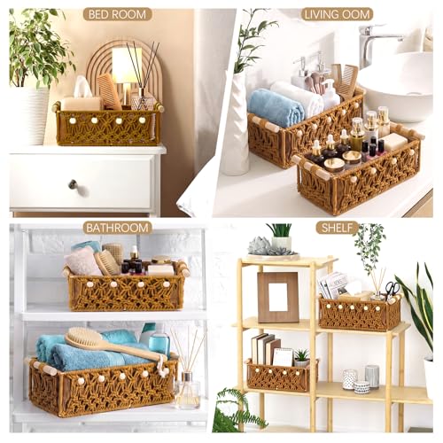 Vesici 4 Pcs Rustic Brown Macrame Storage Basket for Shelves 13 in 11 in Boho Basket Hand Woven Boxes with Wood Handles Beads Decorative Countertop Toilet Tank Cabinet Organizer for Home Room Decor - color: Rustic Brown