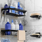 4-Pack Adhesive Shower Caddy with Soap Holder – Rustproof Aluminum Black Shower Shelves & Towel Bar, No Drill Bathroom Organizers and Storage, Anti-Tip Shower Rack for Inside Shower - size: 4-Pack