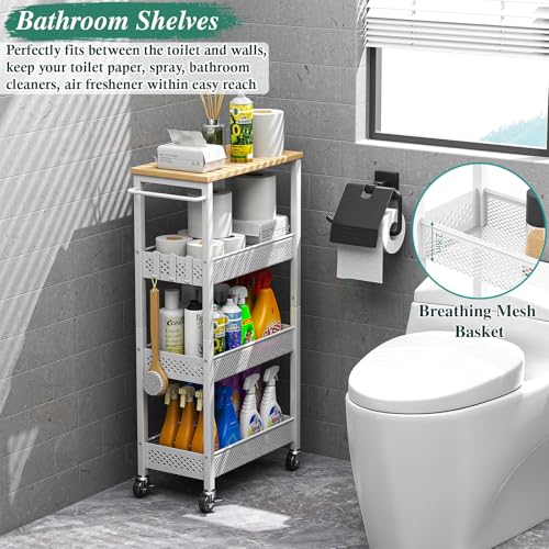 OKZEST Utility Slim Storage Cart, 4-Tier Narrow Bathroom Organizers and Storage Cart, Narrow Metal Kitchen Laundry Room Organization Shelf with Wood Top, Slim Rolling Carts with Wheels for Small Space - color: White, size: 9.1 inch wide