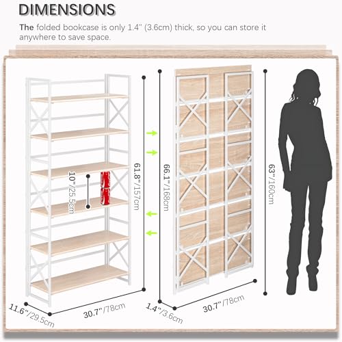4NM Extra Wide 6 Tiers No Assembly Book Shelves, 61.8" H Folding Bookshelf Bookcase Open Industrial Foldable Shelves for Bedroom, Living Room, Home Office - Natural White - color: Natural White, size: Wide XX 6-Tier