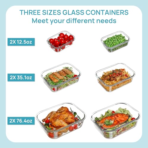 Vtopmart 2.26L/76oz Extra Large Glass Food Storage Containers with Lids, 6 pack Meal Prep Container Set, Airtight Lunch Boxes with Snap Locking Lids for Microwave, Oven, Freezer, Dishwasher - size: 6pack mixed sizes
