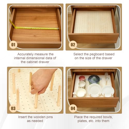 Kigley 3 Pcs Wood Pegboard Drawer Organizer with 32 Pegs Wooden Peg Board Drawer Shelf Organizer Adjustable Peg System for Dishes Plate Pot Container Cookware Utensil Kitchen(20.98 x 5.91 in) - size: 20.98 x 5.91 in
