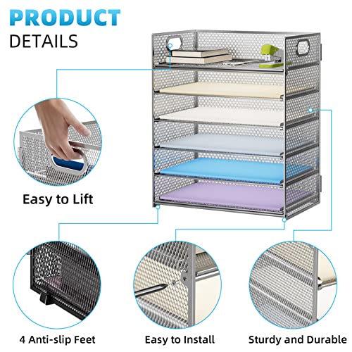 Marbrasse Paper Letter Tray - 6 Tier Mesh File Organizer with Handle, Paper Sorter for Letter/A4 Office File Folder Holder - Silver - color: 6 Tier - Silver
