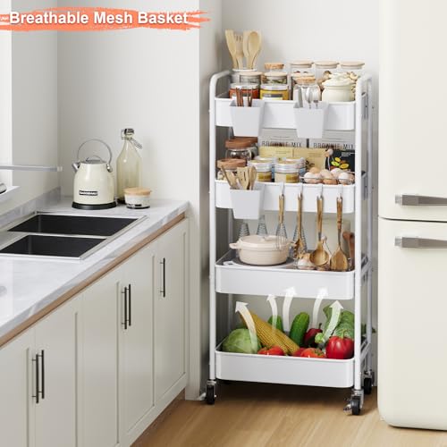 4 Tier Rolling Cart Metal with Wheels, White Four Tiered Rolling Storage Cart on Wheels, Utility Roller Carts Organizer for Art, Craft, Baby Diaper Caddy, Snack, Book, Large-Capacity Shelving Units - color: Light White, size: 4-Tier + Cups + Hooks