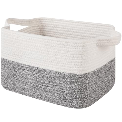 OIAHOMY Woven Storage Basket for Shelves, Rectangle Cotton Rope Baskets for Organizing, 13 x 10 x 9 in, Storage Bins for Dog Toys,Towel,Books,Gift,Grey and White - color: Grey and White, size: 13"x10"x9"