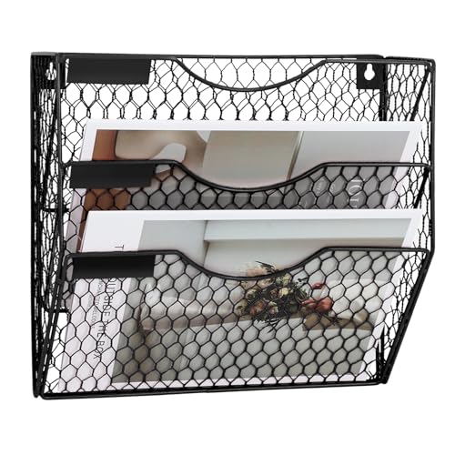 EASEPRES Mail Organizer Wall Mount Hanging File Holder Storage, Metal Chicken Wire Magazine Rack 3 Tier, Black - color: Black, size: 3 Tier