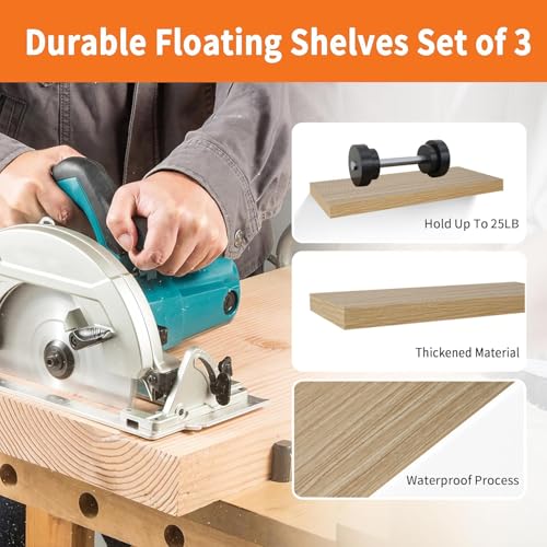 Upassion Floating Shelves for Wall Set of 3, 16" Light Brown Wood Wall Shelves for Home Decor, Frame Display Floating Shelf for Living Room, Bedroom, Bathroom, Kitchen - color: Light Ash, size: 16 Inch